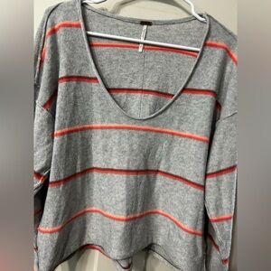 Free People Make you Mine Cropped Gray Sweater Coral Orange salmon Stripes